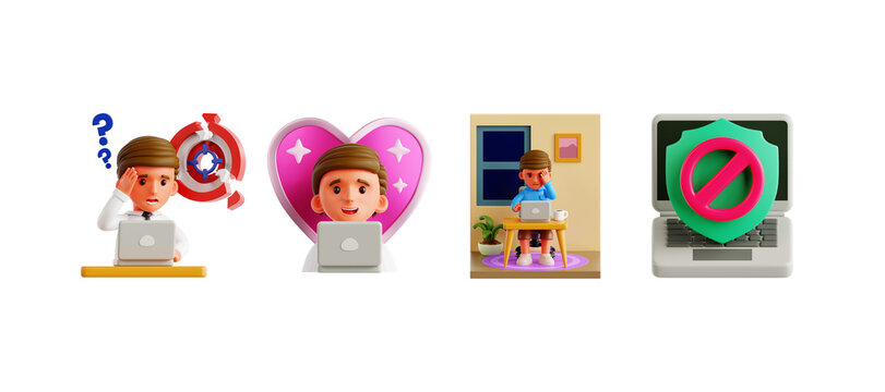 3D cartoon characters with laptop icons business analytics strategy