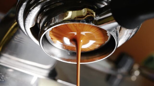 Rich Espresso Extraction Flowing from Portafiltres Spout into Espresso Cup