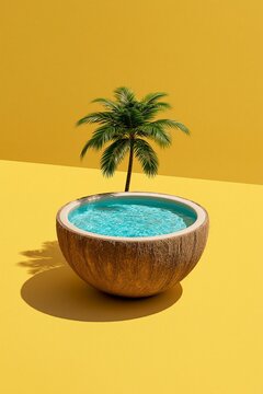 Minimalist coconut pool with tropical palm tree on a bright yellow background