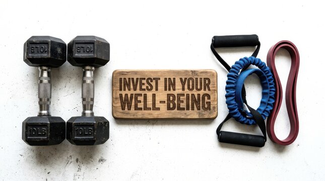 Dumbbell resistance bands and wellbeing message on white background