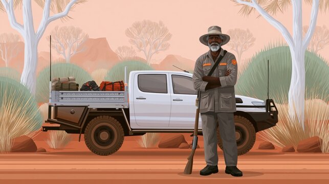 Indigenous Australian man in outback with ute and rifle during golden hour for rural adventure