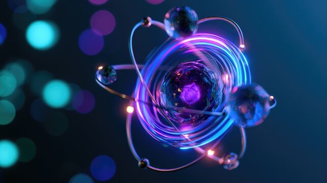 A luminous purple atomic structure with orbiting spheres against a bokeh background