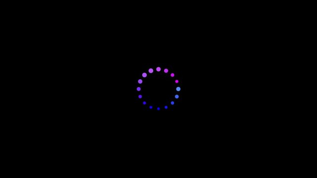 Minimalist Loading Spinner Graphic with Glowing Dots Rotating in a Circle on Deep Black Background