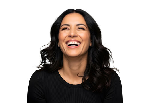 Smiling Asian woman laughing joyfully on white background