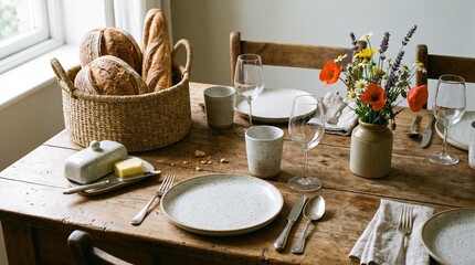 Fototapeta premium Rustic wooden dining table featuring a wicker bread basket, ceramic plates, wine glasses, fresh butter, and a colorful floral centerpiece captured with natural soft lighting