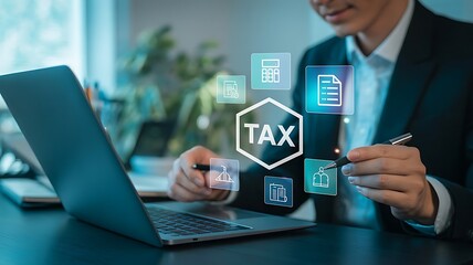 Fototapeta premium Person utilizing advanced digital tools for streamlined tax filing, financial analysis, and business management in a modern office setting