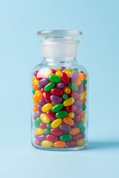 Jar Full of Colorful Jelly Beans on Pastel Background