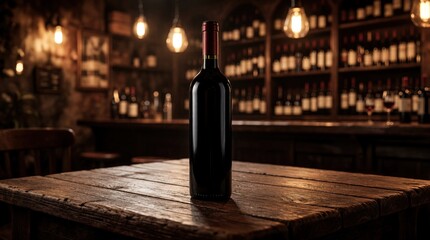 Naklejka premium Dark glass wine bottle stands on rustic wood table in dimly lit bar. Shelves with many wine bottles in background. Soft warm lights create cozy atmosphere.