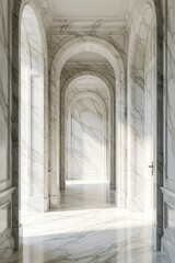 Naklejka premium Elegant white marble hallway with arched doorways. Luxury interior design features polished stone walls, floor. Classic architecture with grand symmetrical corridors. Bright light shines through