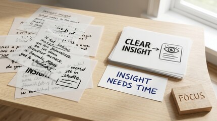 Fototapeta premium Notes and cards displaying ideas and insights on a wooden desk