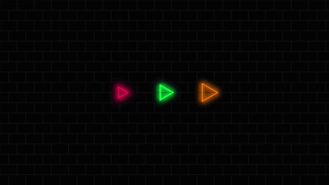Neon Directional Arrows Glowing on Dark Brick Wall Digital Motion Background with Dynamic Lighting