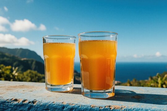 Two glasses of yellow poncha alcoholic drink sit on blue ledge. Traditional Madeira cocktail with orange juice rests overlooking tropical ocean, green mountains. Refreshing summer beverage enjoyed