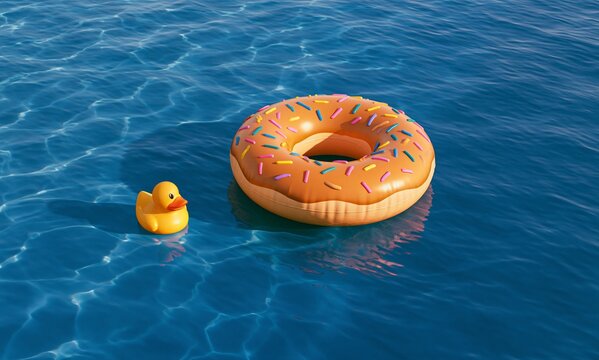 Inflatable donut float and rubber duck toy bobble on blue water surface