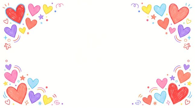 Crayon style hand drawn hearts corner border illustration with valentines romantic colorful children background