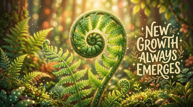 Close-up of a unfurling fern frond in a lush, sun-dappled forest with inspirational text 'New Growth Always Emerges'
