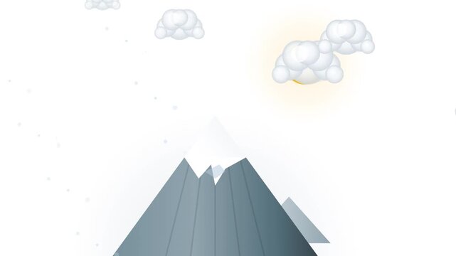 Minimalist flat design animation of a snow capped mountain under a bright yellow sun with drifting white clouds.