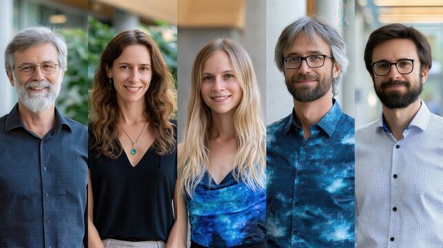 Diverse group of five professionals posing in natural outdoor setting during daytime with soft lighting