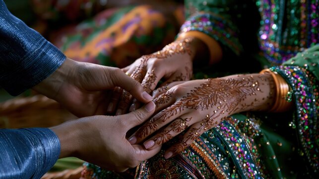 Couple's hands with intricate henna mehndi designs during a cultural wedding ceremony with soft ambient light
