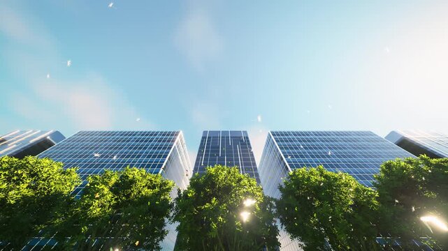 3d skyscraper loop footage with fixed low angle view, modern towers, green trees, drifting clouds, warm sunlight, cinematic atmosphere, peaceful cityscape, scenic background for music videos.