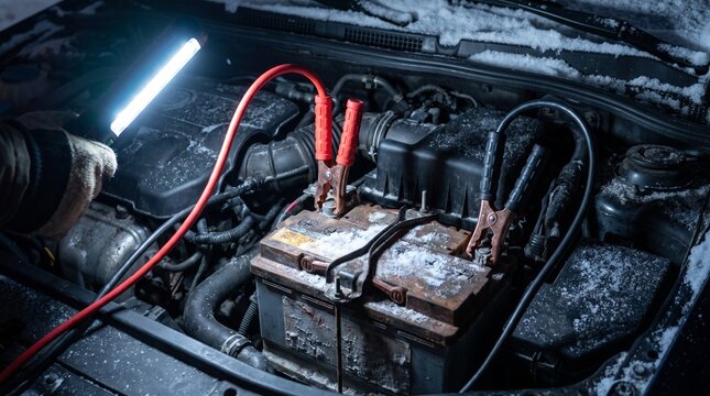 Car engine battery jump start with jumper cables in a snowy winter night with bright led light