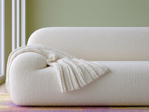 White boucle sofa with chunky knit throw in soft pastel interior