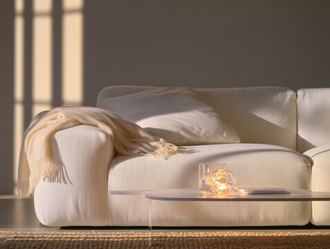 Cream boucle sofa with glass candle holder in warm sunlit living room