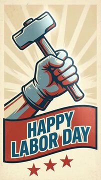 Vintage Labor Day Poster Animation with Hammer and Fist Graphic