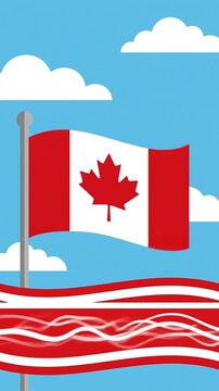 Animated national flag waving on a pole against a bright blue sky with clouds