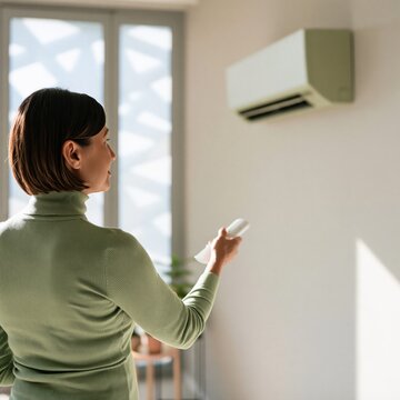 Woman adjusting wall air conditioner with remote control in bright modern living room for home background and cooling comfort
