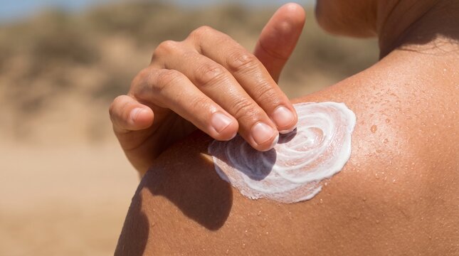 Close up of person applying white sunscreen cream on tanned shoulder at sunny beach, outdoor