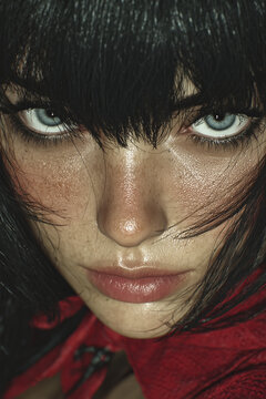 people of ai, vampire lady  in red and black costume, portrait, head tilted down while looking up through bangs, photorealistic
