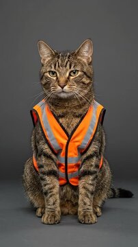 Cute tabby cat wearing a high visibility safety vest sitting in studio