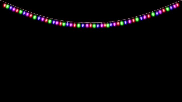 multicolor light bulb string lights Twinkling on black background, Christmas light animation, new year celebration alpha channel. winter holiday and birthday party design, rgb decoration light element