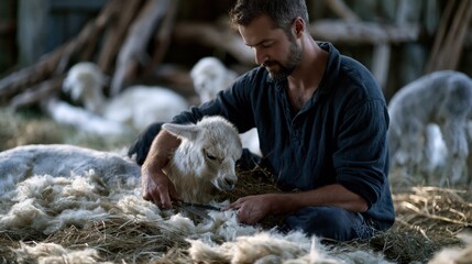 Fototapeta premium Farmer gently tending a young alpaca amidst wool in a rustic barn during soft daylight