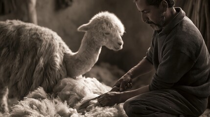 Fototapeta premium Shepherd tending a fluffy alpaca with shearing scissors during a warm rustic harvest in soft diffused natural light