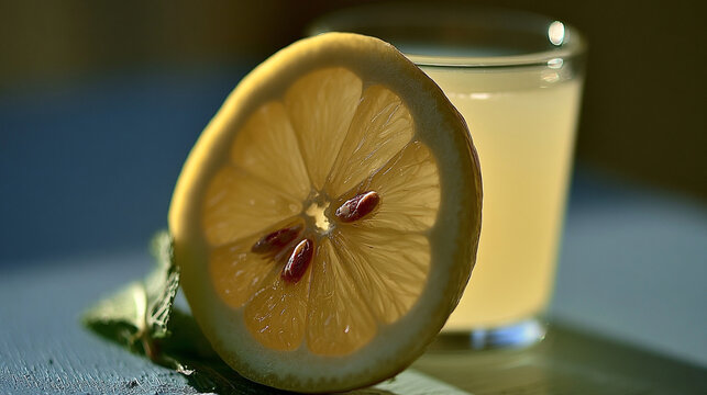 Fresh lemon slice with a glass of lemonade on a blue surface lemon juice beverage