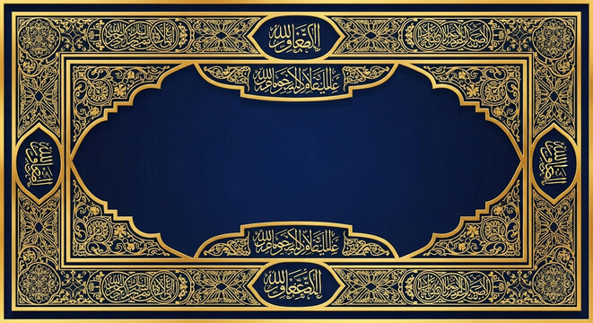 Ornate golden arabesque frame featuring intricate Islamic calligraphy patterns surrounding a deep blue central space designed for religious greeting text and holy event announcements