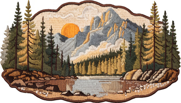 Vintage outdoor embroidered patch, camping theme, cozy canvas tent surrounded by pine trees, small campfire in front, mountains in the distance, thick detailed stitched embroidery, woven fabric textur