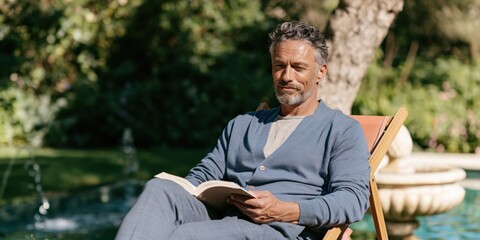 Obraz premium Middle aged man seated by a garden fountain reading a book in warm sunlight for cozy wallpaper and lifestyle background