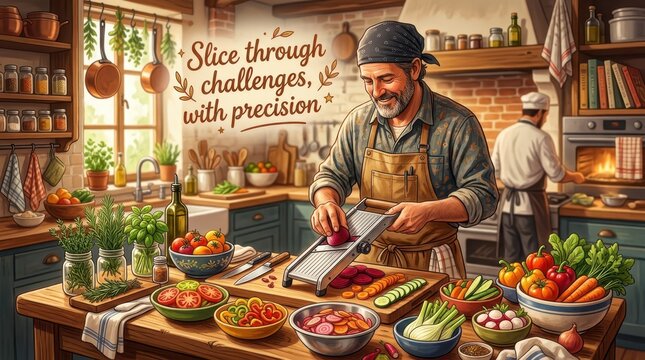 Chef slicing vegetables with a mandoline slicer in a rustic kitchen, preparing healthy food and ingredients for a meal