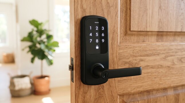 Electronic smart door lock with keypad mounted on a rustic wooden door in a bright home