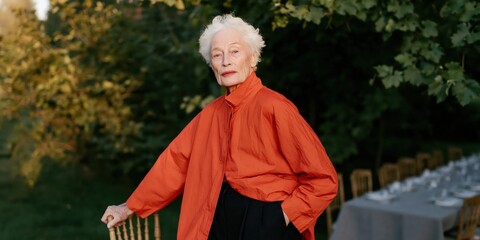Naklejka premium Older woman in orange coat standing with a walking stick beside a set table in a vineyard at dusk for portrait background and lifestyle storytelling