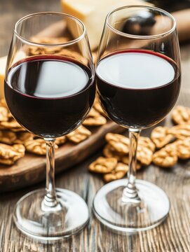Close-up of two glasses filled with red wine alongside a plate of crackers on a rustic wooden surface, perfect for a cozy evening