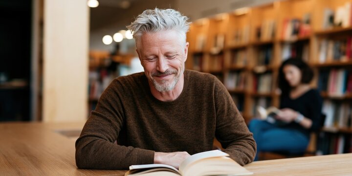 Older man reading a book in a cozy library for calm lifestyle background and thoughtful study portrait