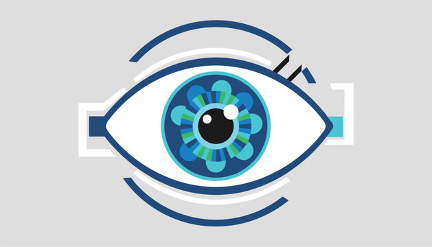 Futuristic cybernetic eye scanner with circular tech interface patterns and data lines on a gray background.
