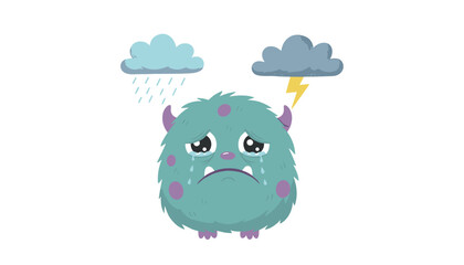 Fototapeta premium Sad blue monster crying under stormy rain clouds and lightning representing depression, grief, and emotional distress.