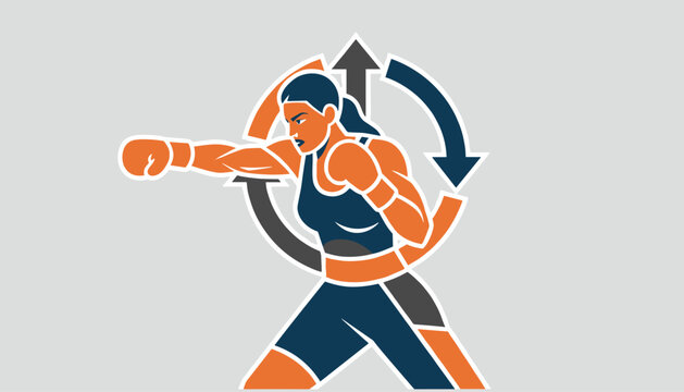Determined female boxer throwing a punch with dynamic circular arrow vectors indicating movement and physical training.