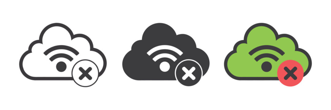 Cloud network disconnected icons for no internet connection, server errors, offline computing systems, network failure, connection problems, data transfer issues, cloud outage.