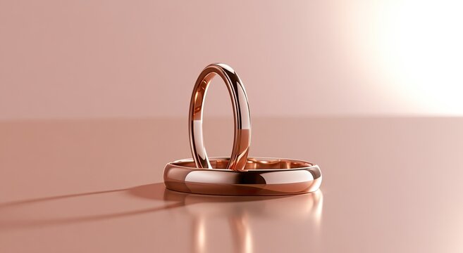 Two polished rose gold wedding bands resting on a smooth, reflective surface