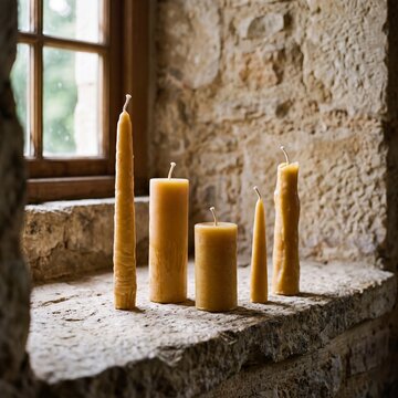 Group of handmade beeswax candles of various heights and shapes standing unlit on a rustic stone windowsill